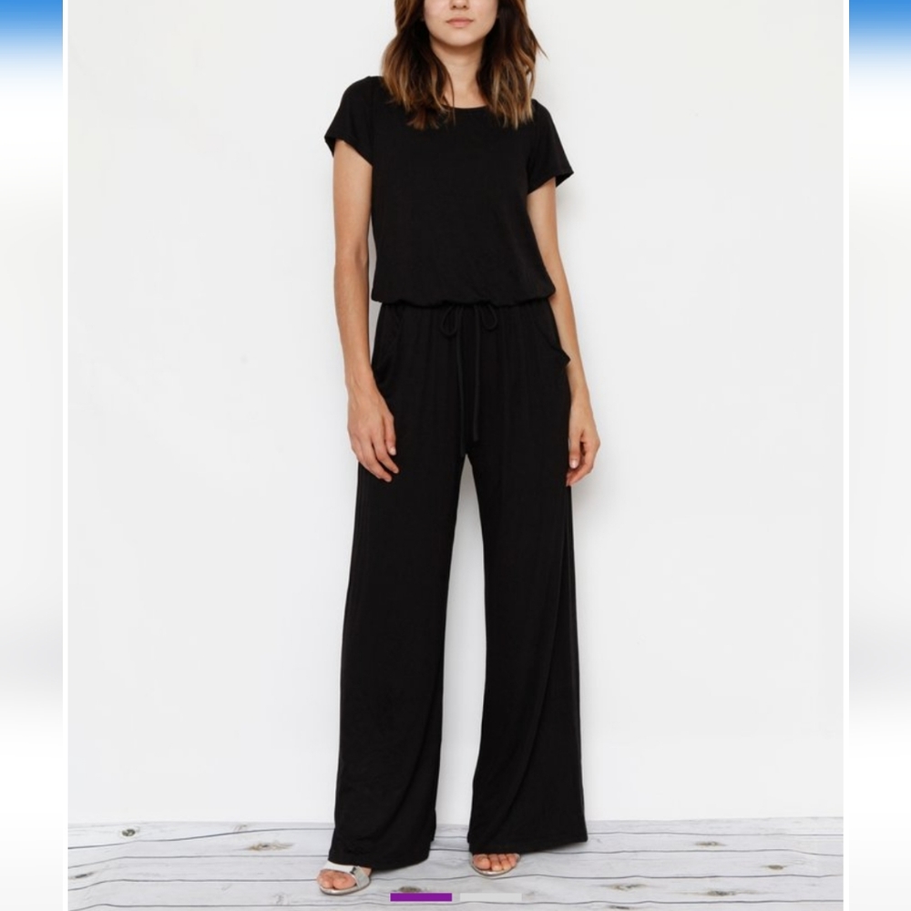 Women's Black Tie-Waist Blouson Jumpsuit Size S